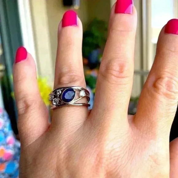 Gorgeous 14k Gold 925 Silver Blue Sapphire Diamond Ring - Picture 6 of 7